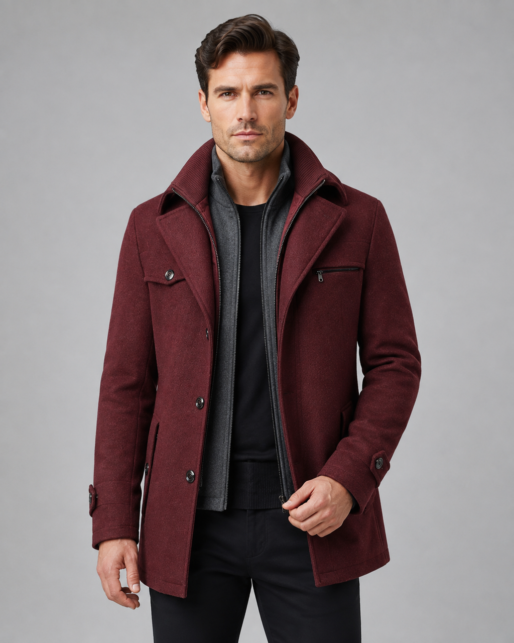 Men's Wool Coat Zip Insert Funnel Neck Tailored