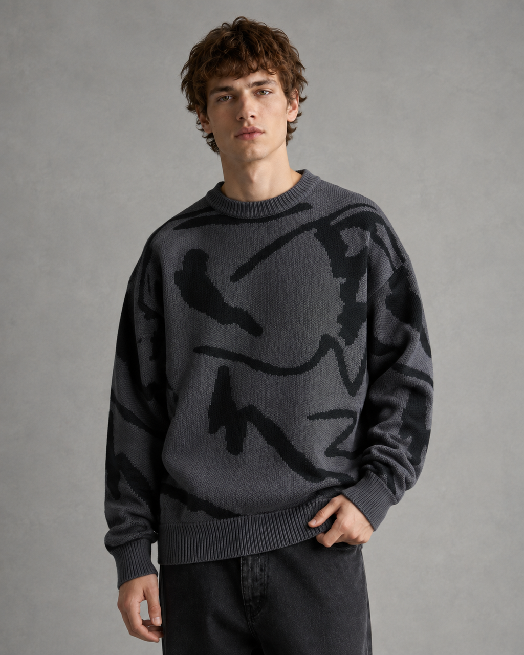 Men's Abstract Graphic Knit Sweater - Relaxed Drop Shoulder Fit