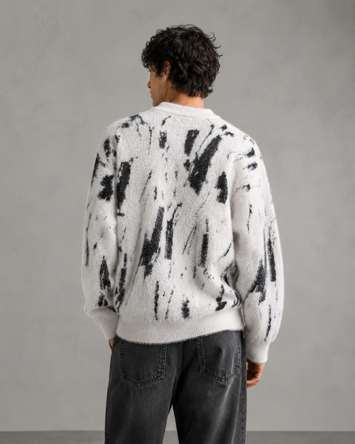 Men's Abstract Knit Sweater - Fuzzy Texture Relaxed Fit