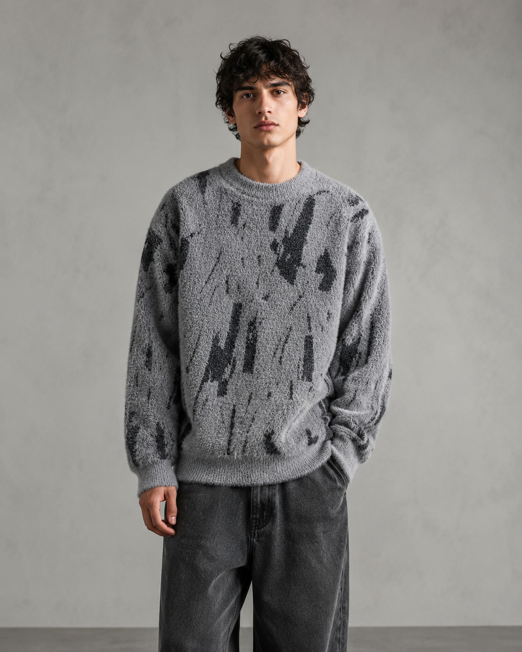 Men's Abstract Knit Sweater - Fuzzy Texture Relaxed Fit