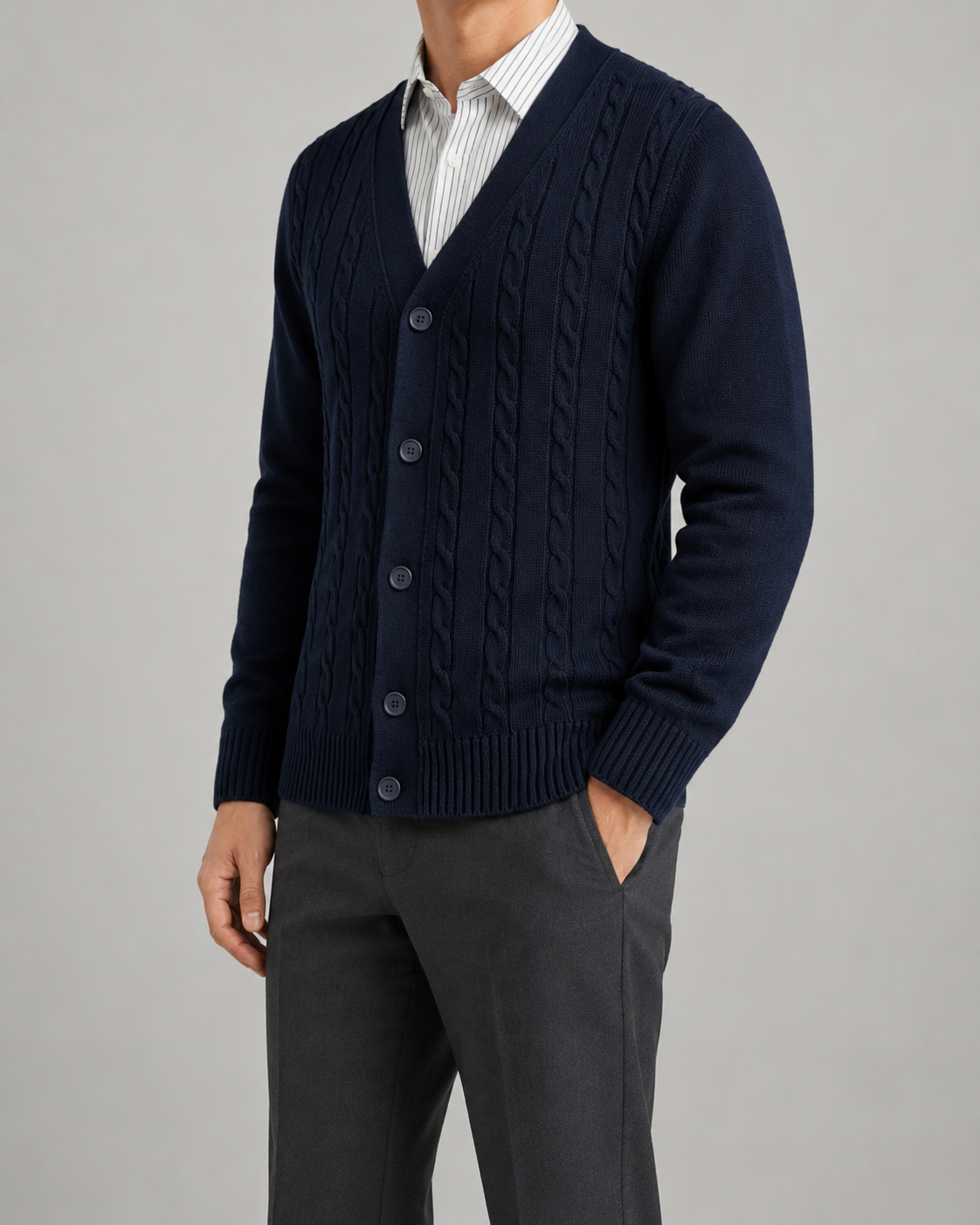 Men's Cable Knit Cardigan - V-Neck Button Front