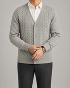 Men's Cable Knit Cardigan - V-Neck Button Front