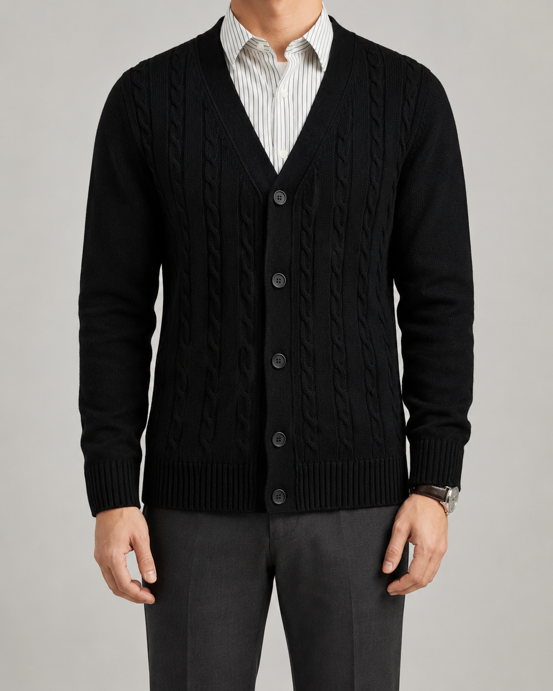 Men's Cable Knit Cardigan - V-Neck Button Front