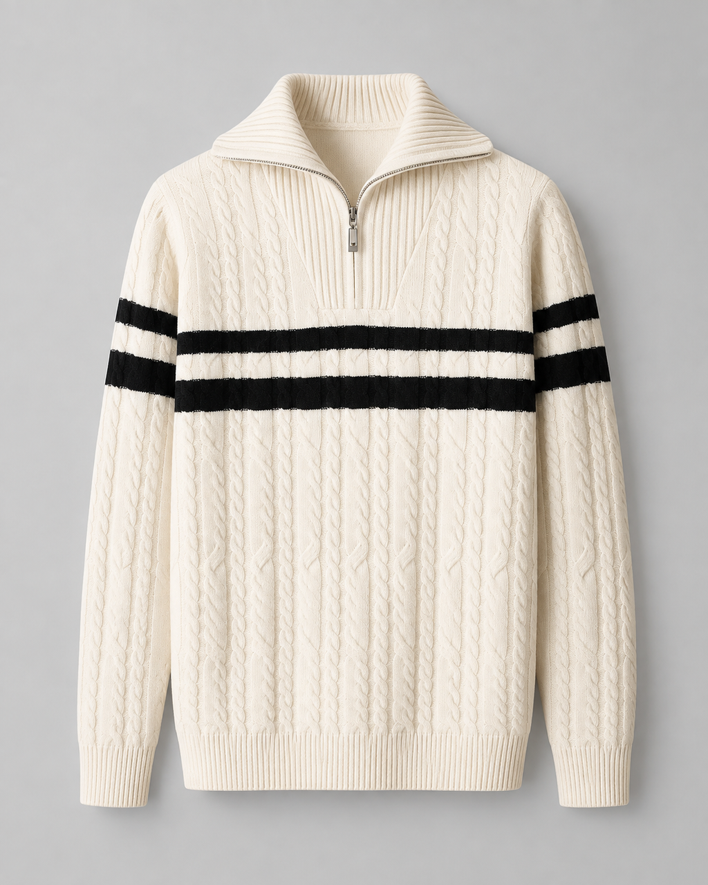 Men's Cable Knit Quarter Zip Sweater - Striped Ribbed Collar