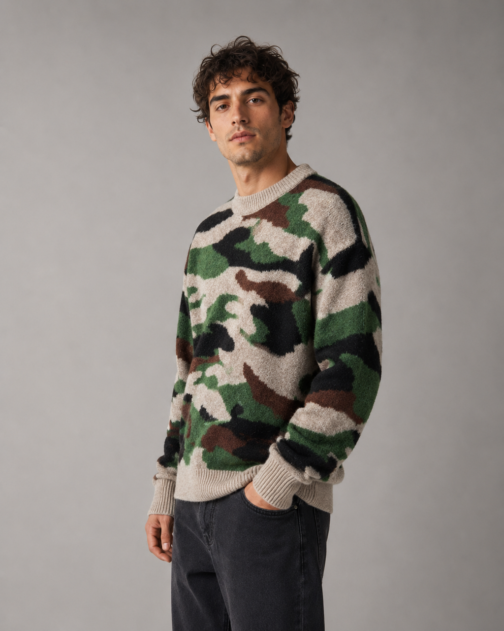 Men's Camo Knit Sweater - Relaxed Crew Neck Streetwear Fit