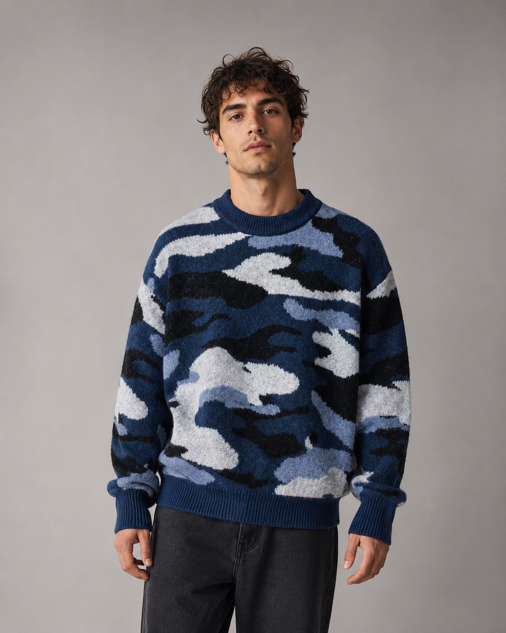 Men's Camo Knit Sweater - Relaxed Crew Neck Streetwear Fit