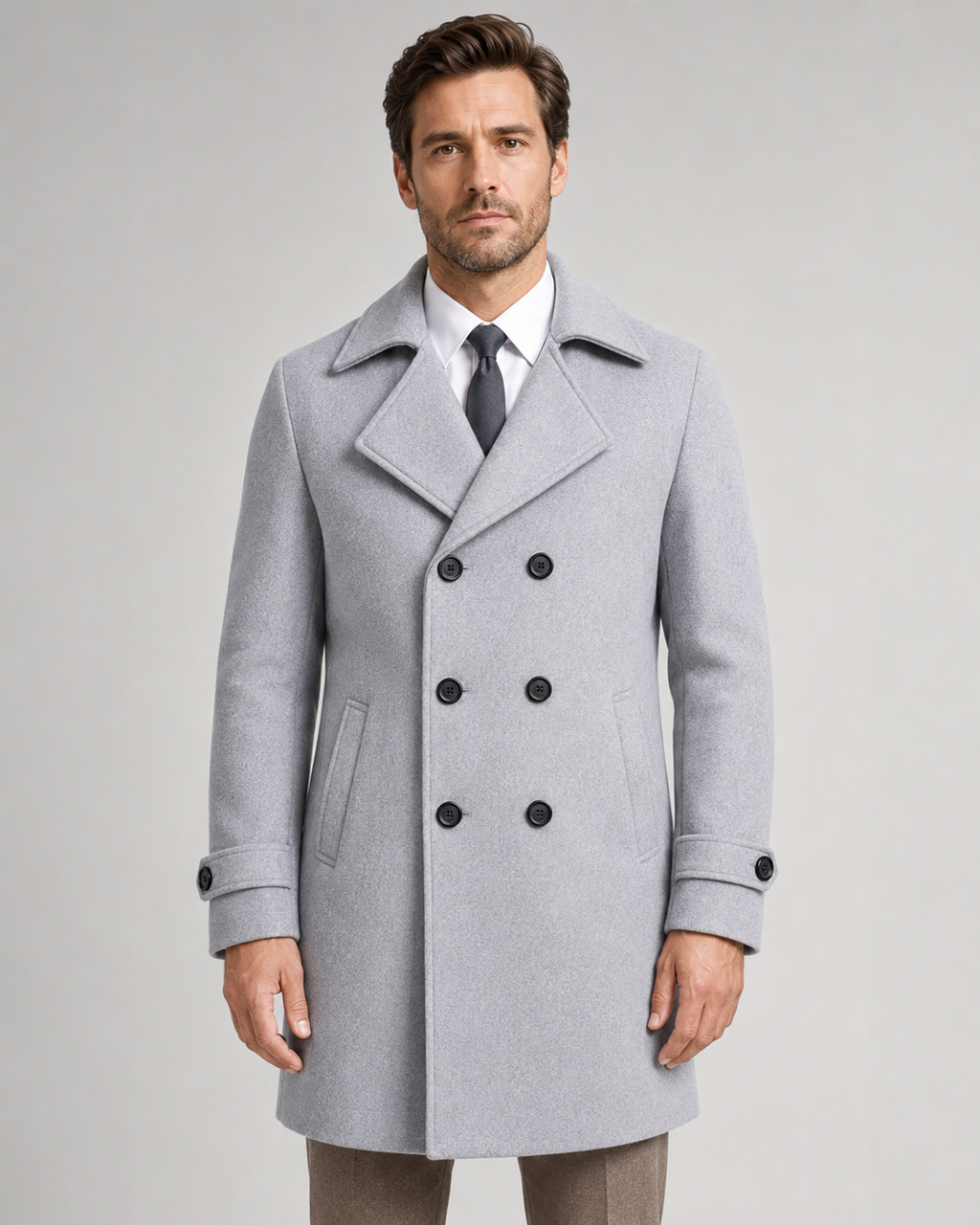 Men's Double-Breasted Long Overcoat - Wide Lapel Tailored Fit
