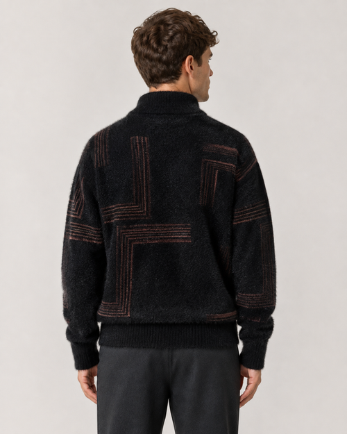 Men's Fluffy Knit Sweater - Geometric Funnel Neck Relaxed Fit