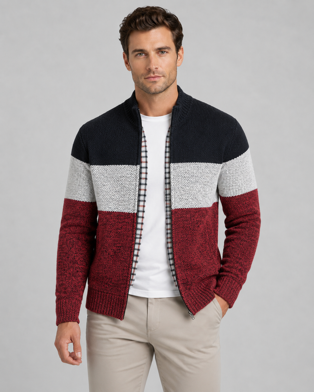 Men's Full Zip Knitted Cardigan - Colour Block Ribbed Stand Collar