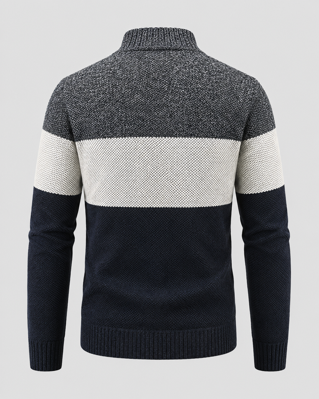 Men's Full Zip Knitted Cardigan - Colour Block Ribbed Stand Collar