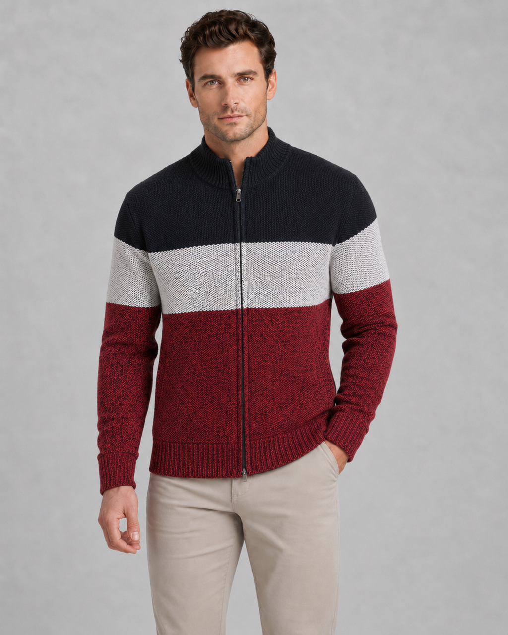 Men's Full Zip Knitted Cardigan - Colour Block Ribbed Stand Collar