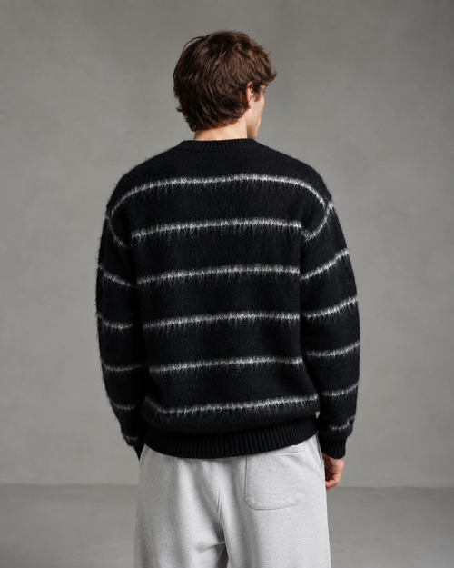Men's Fuzzy Striped Knit Sweater - Relaxed Boxy Streetwear Fit