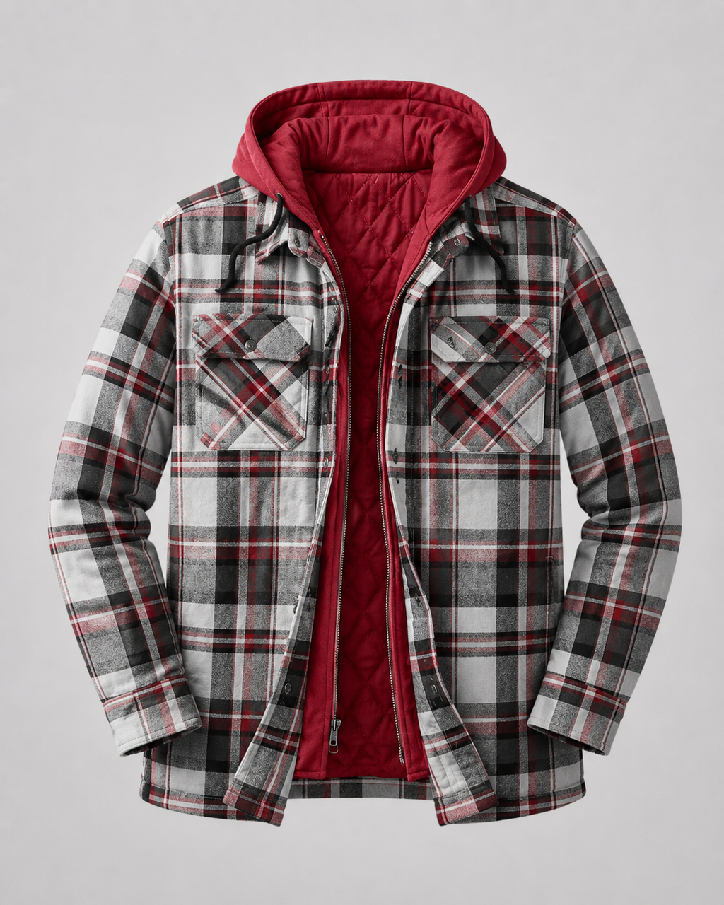 Men's Hooded Plaid Shacket - Quilted Lined Zip Front