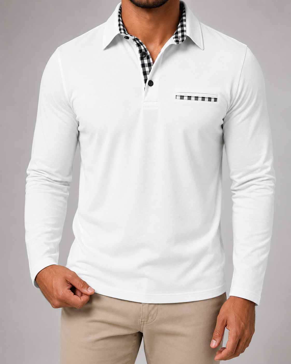 Men's Long Sleeve Polo Shirt with Gingham Trim