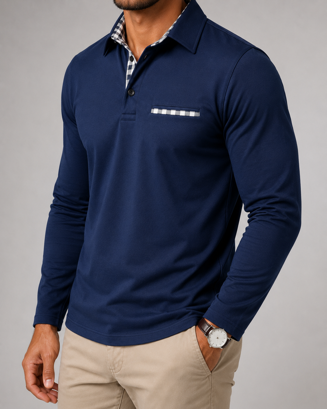 Men's Long Sleeve Polo Shirt with Gingham Trim