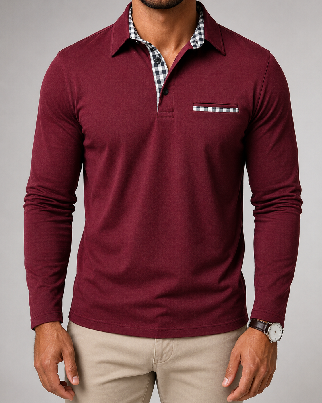 Men's Long Sleeve Polo Shirt with Gingham Trim