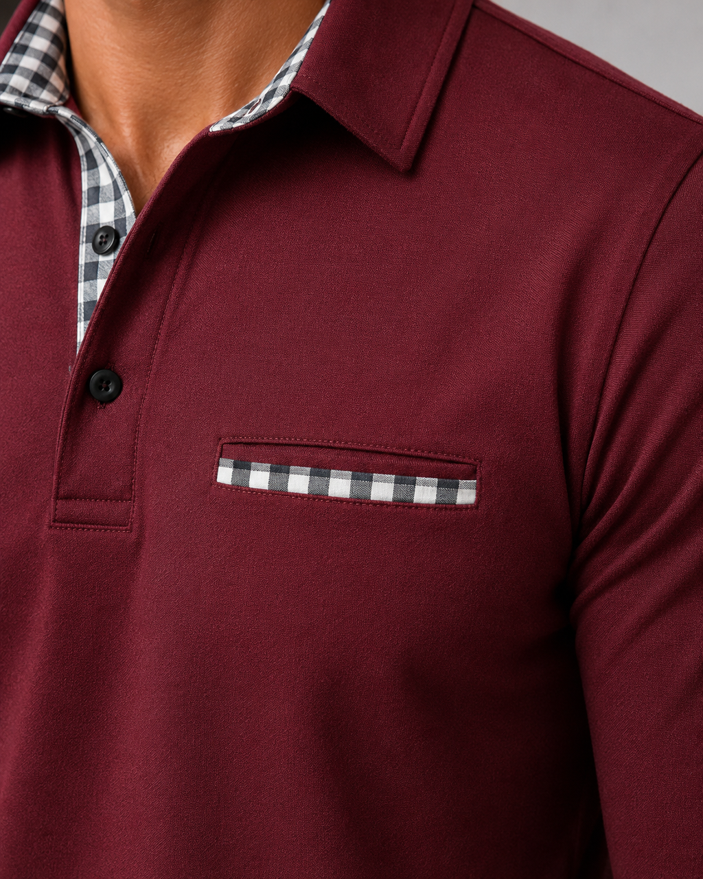 Men's Long Sleeve Polo Shirt with Gingham Trim