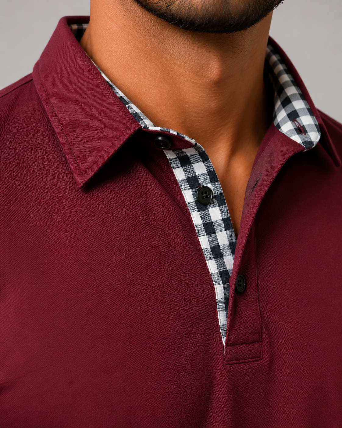 Men's Long Sleeve Polo Shirt with Gingham Trim