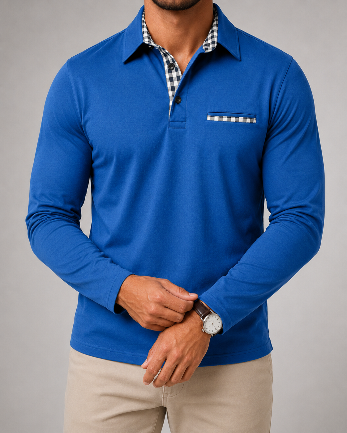 Men's Long Sleeve Polo Shirt with Gingham Trim