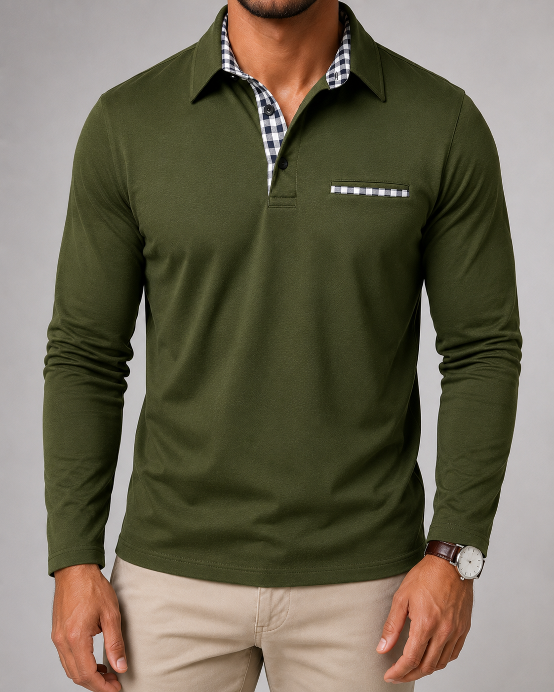 Men's Long Sleeve Polo Shirt with Gingham Trim