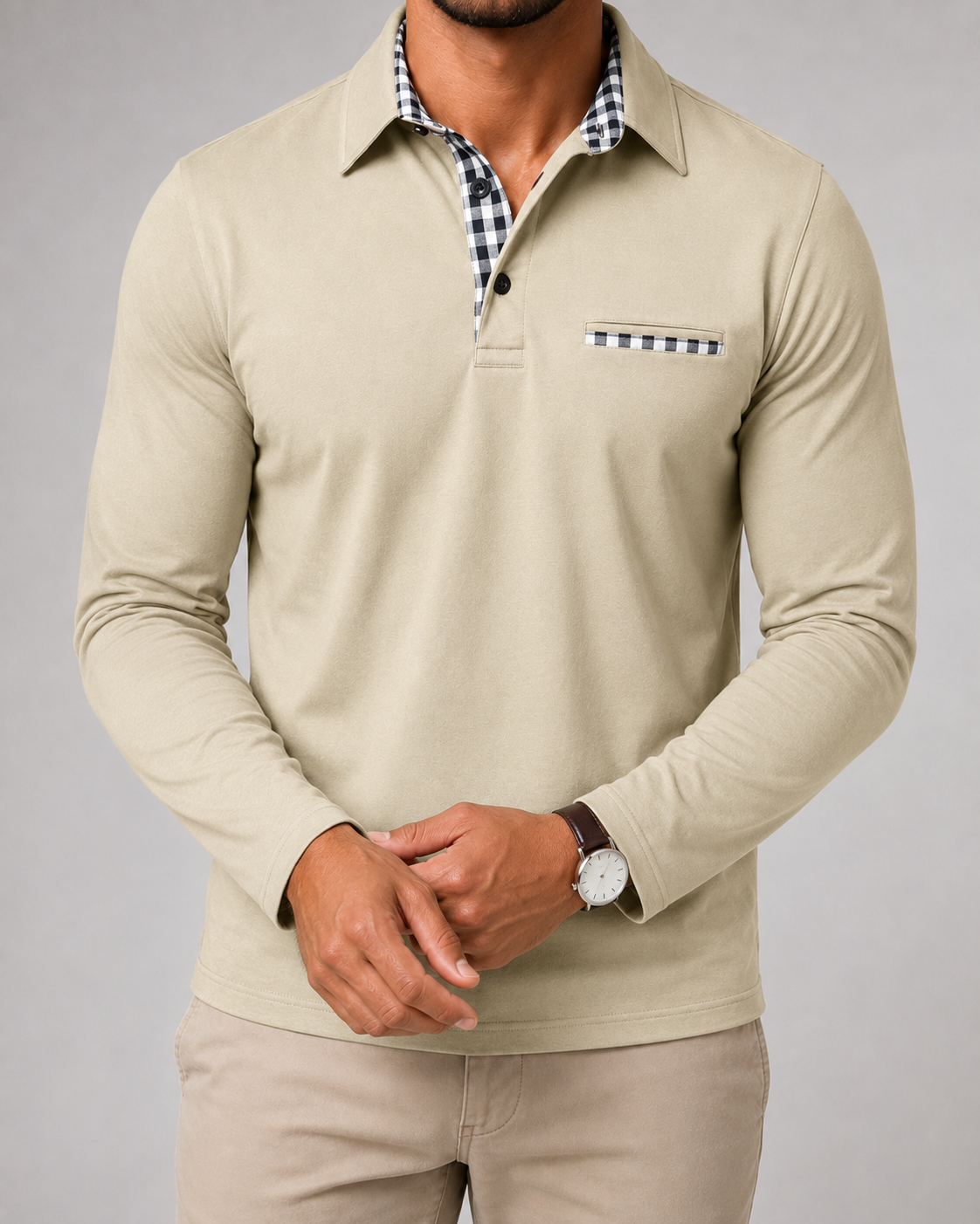 Men's Long Sleeve Polo Shirt with Gingham Trim