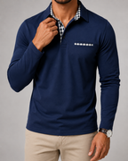 Men's Long Sleeve Polo Shirt with Gingham Trim