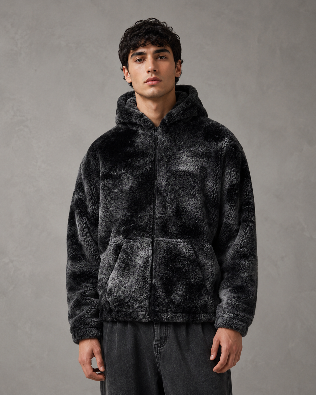 Men's Plush Hooded Zip Jacket - Relaxed Fit Streetwear