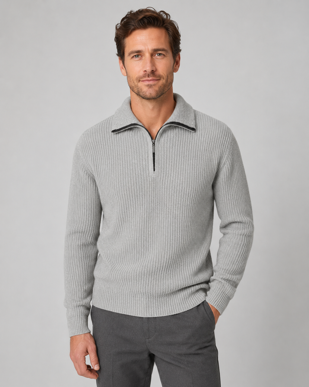 Men's Ribbed Quarter Zip Sweater - Collared Regular Fit