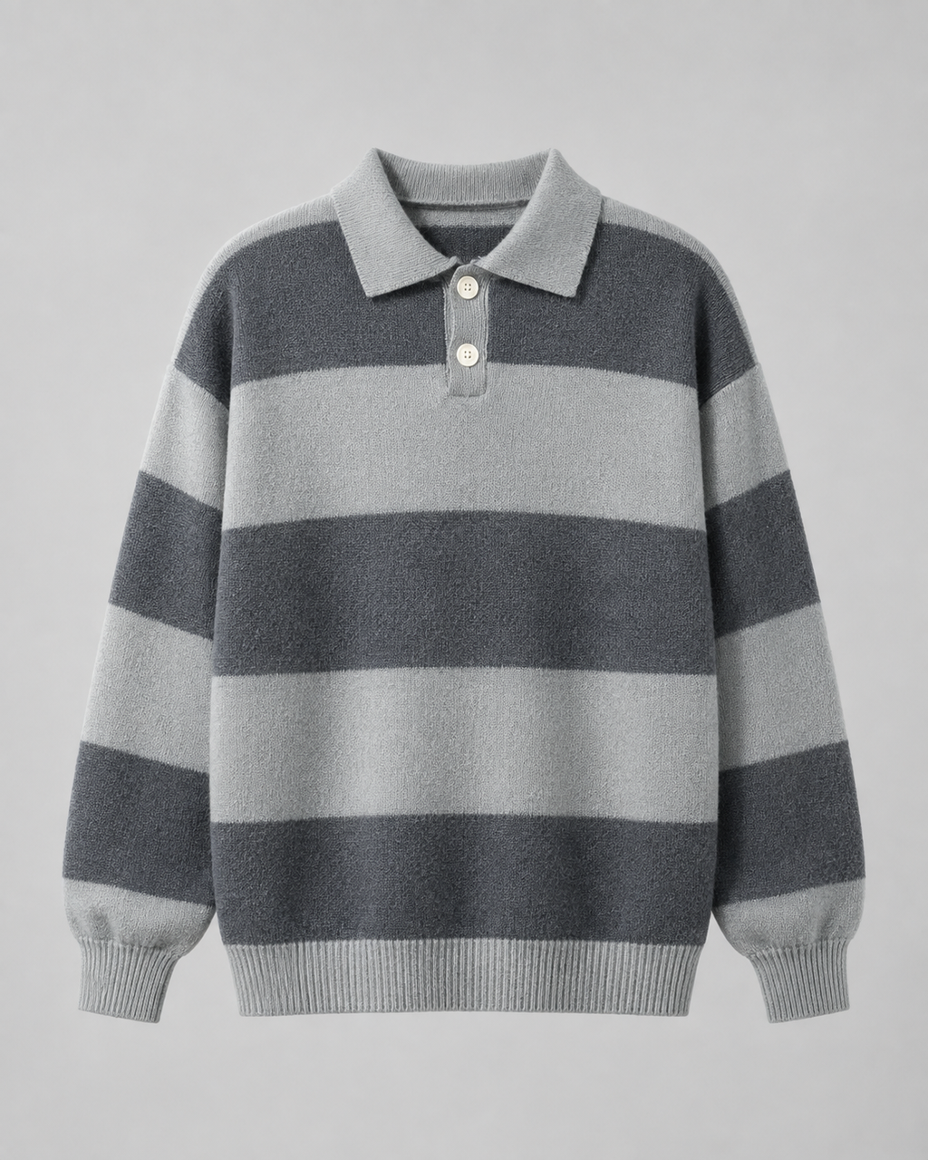 Men's Rugby Stripe Knitted Polo Sweater - Relaxed Fit Long Sleeve