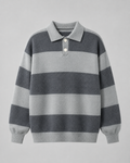 Men's Rugby Stripe Knitted Polo Sweater - Relaxed Fit Long Sleeve