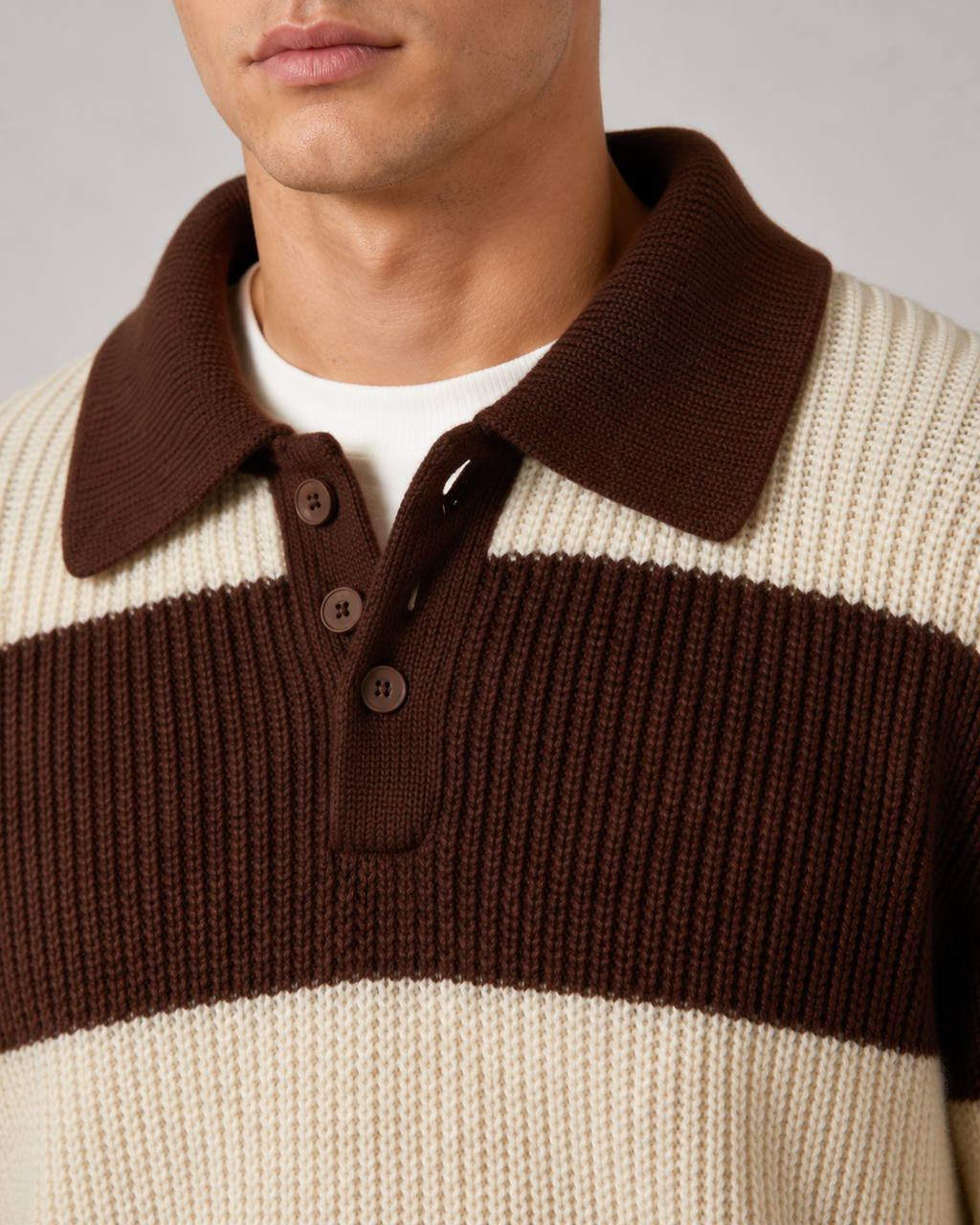 Men's Striped Knitted Polo Sweater with Button Collar