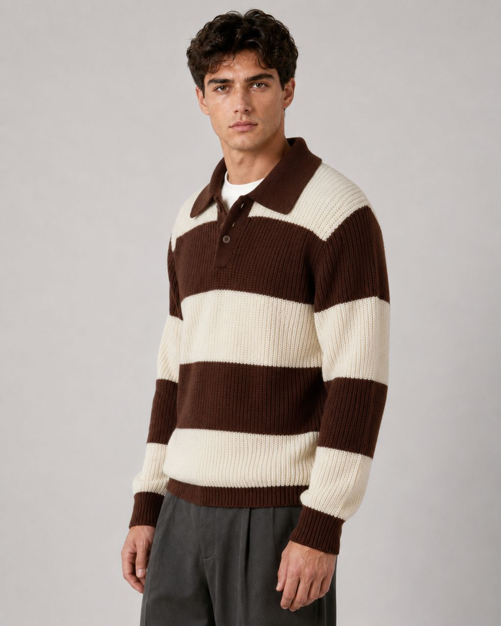 Men's Striped Knitted Polo Sweater with Button Collar