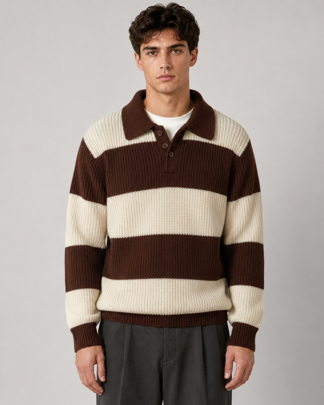 Men's Striped Knitted Polo Sweater with Button Collar