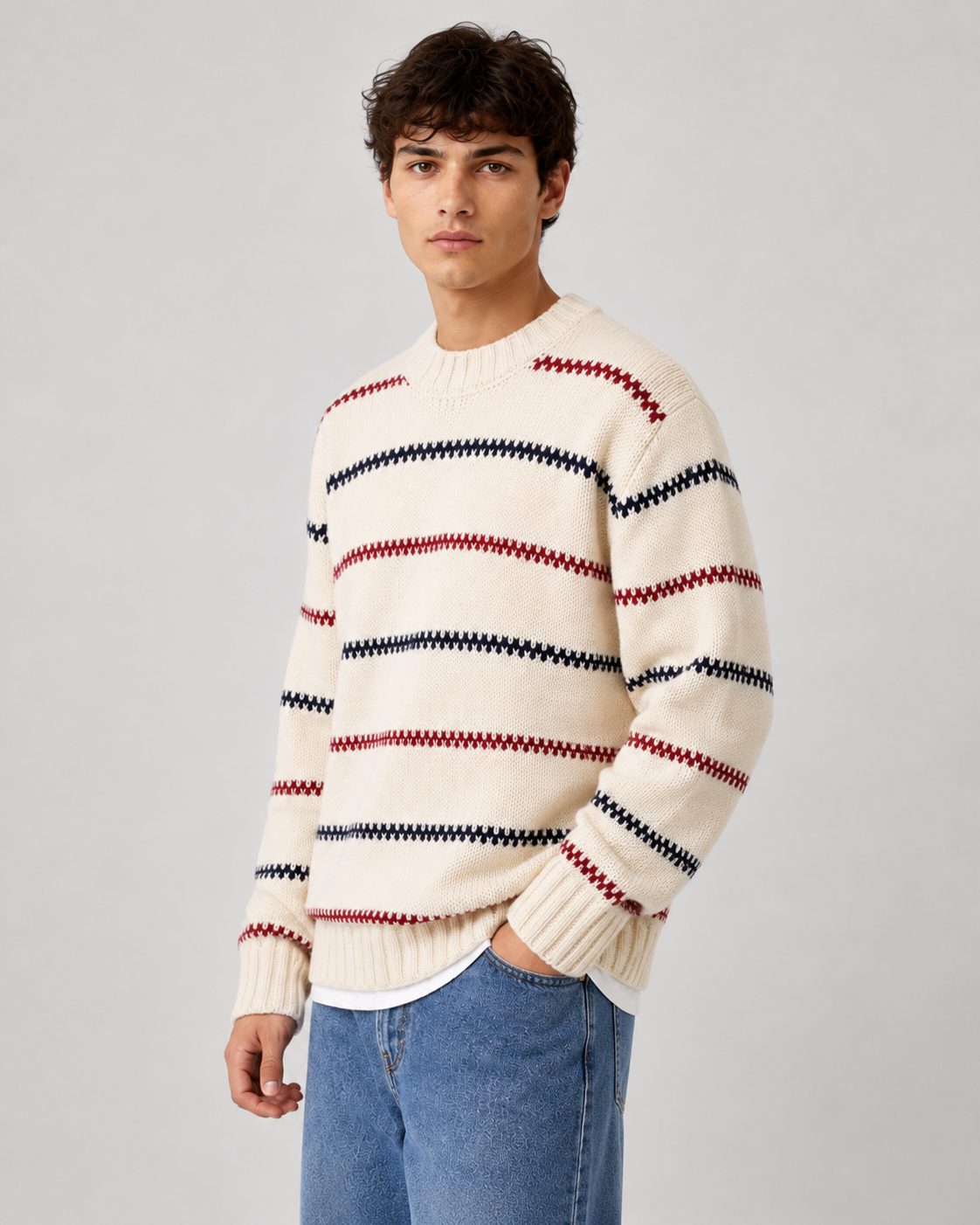 Men's Striped Knitted Sweater - Crew Neck Relaxed Fit