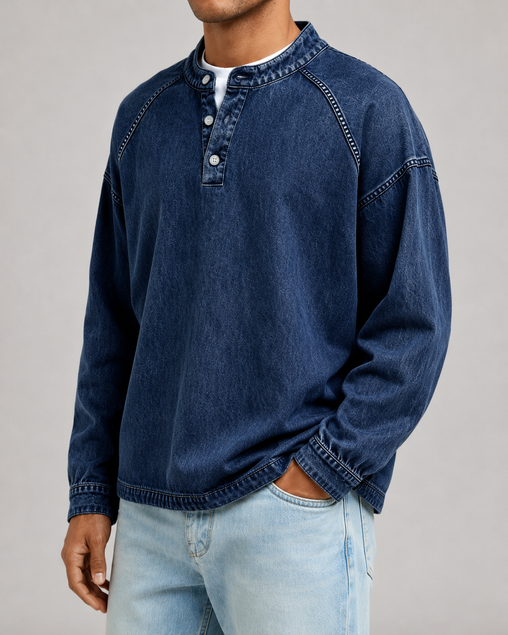 Men's Washed Henley Sweatshirt - Relaxed Fit Button Placket