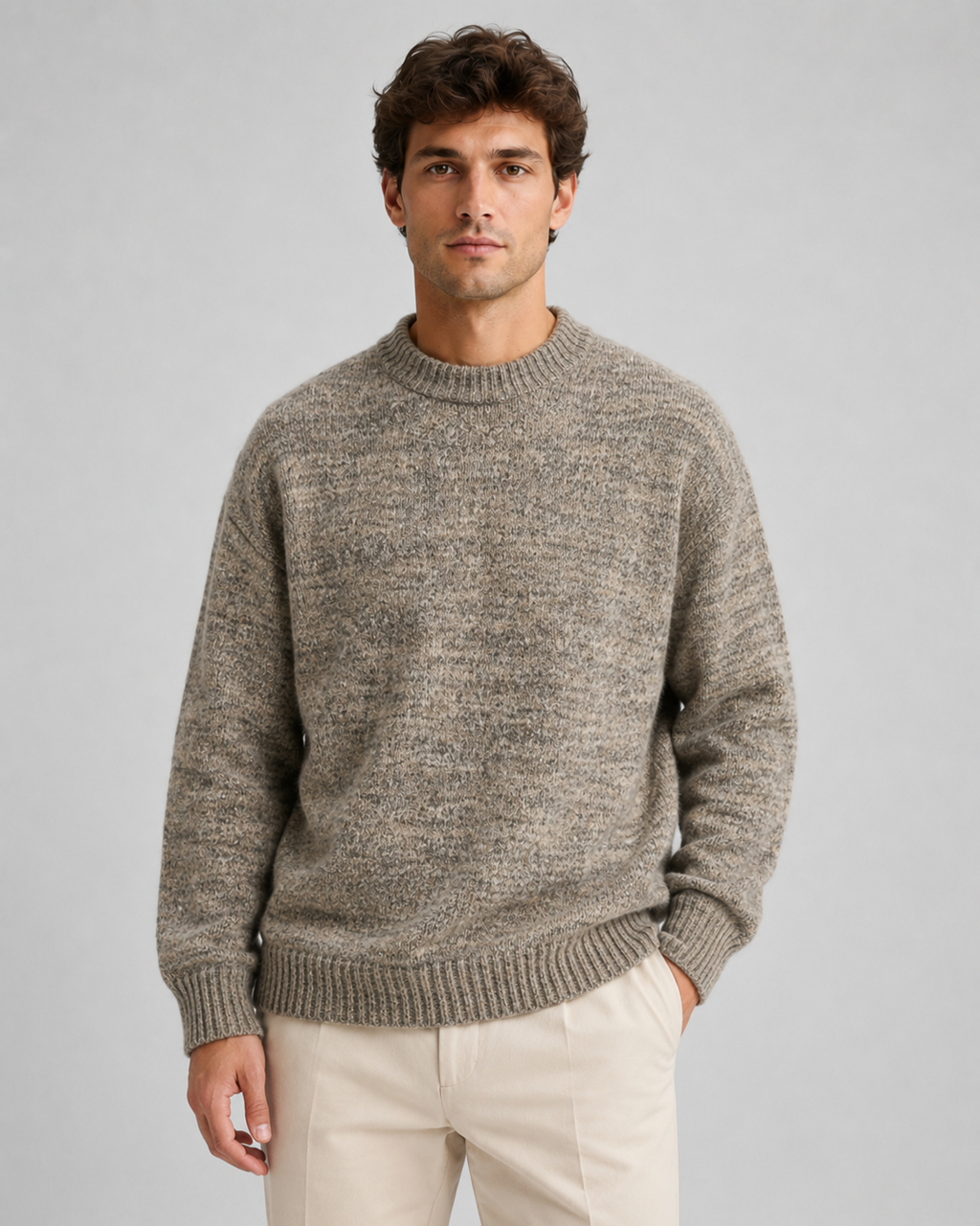 Men's Wool Crewneck Sweater - Marled Knit Relaxed Fit