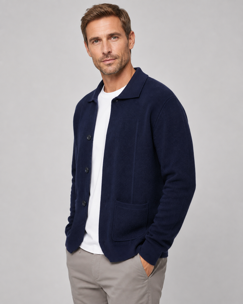 Men's Wool Knitted Overshirt - Textured Knit Button-Front