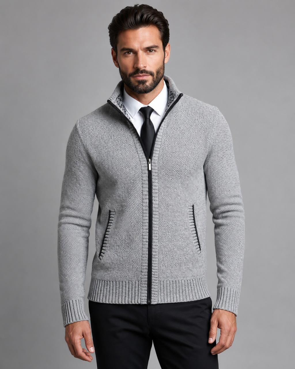 Men's Zip-Up Knitted Sweater - Funnel Neck Textured Regular Fit