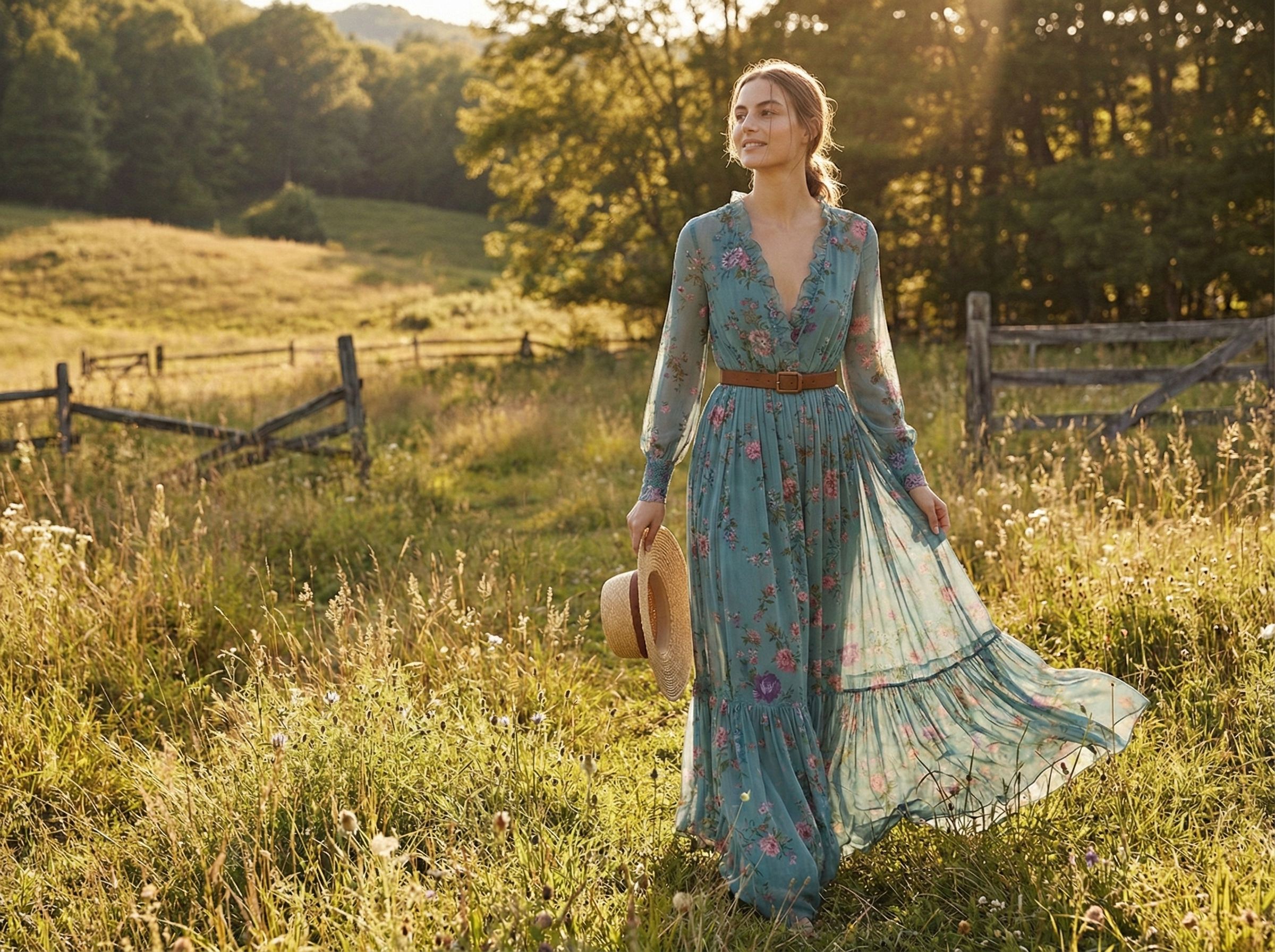 Bohemian Floral Print Maxi Dress with Long Sleeves