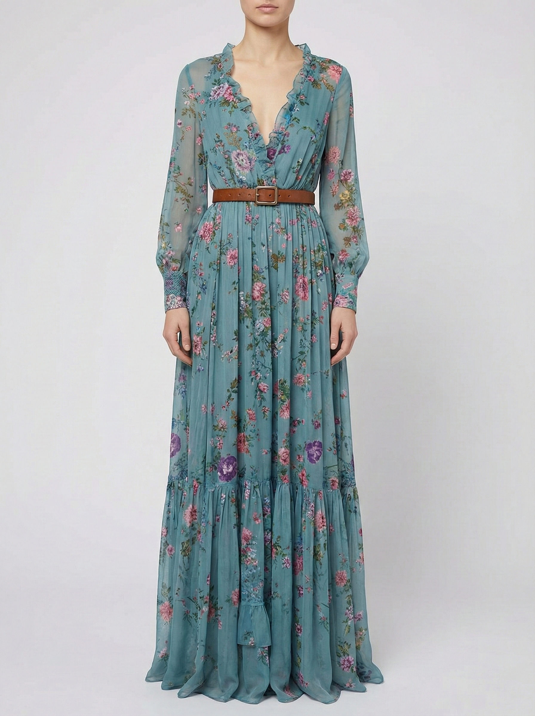 Bohemian Floral Print Maxi Dress with Long Sleeves