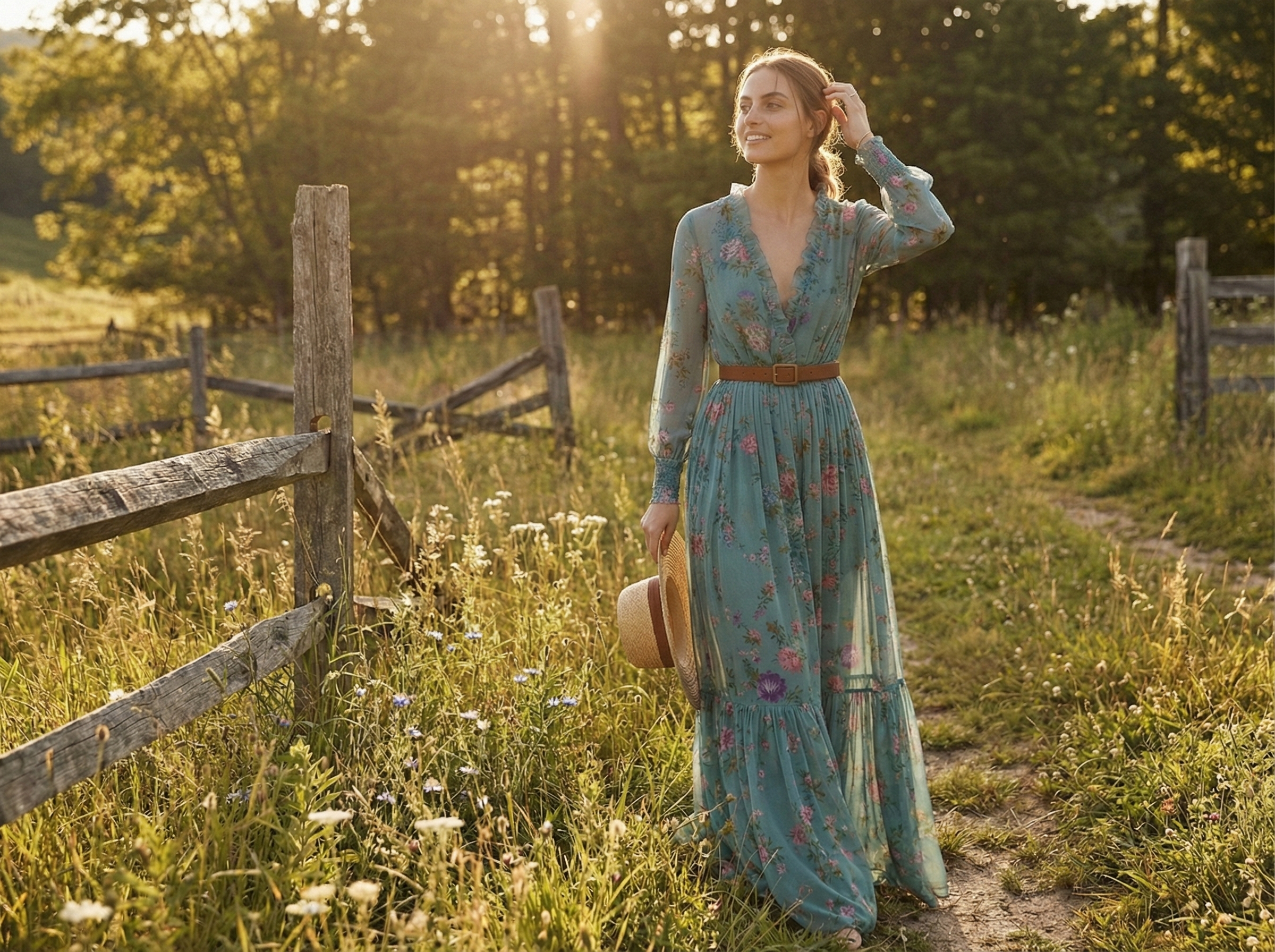 Bohemian Floral Print Maxi Dress with Long Sleeves