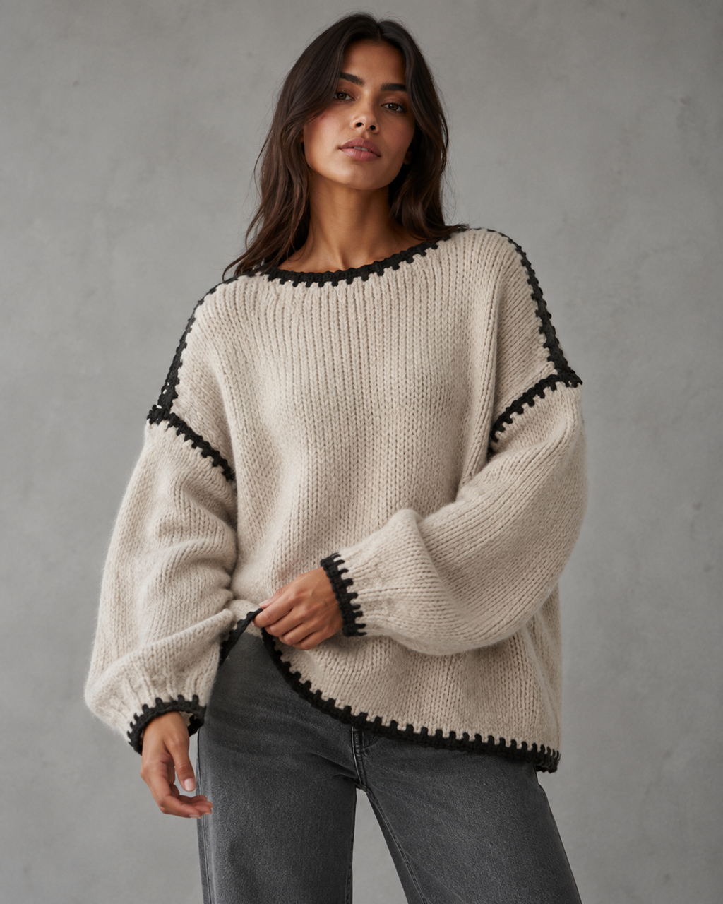 Women's Chunky Knit Sweater - Contrast Stitch Oversized Fit