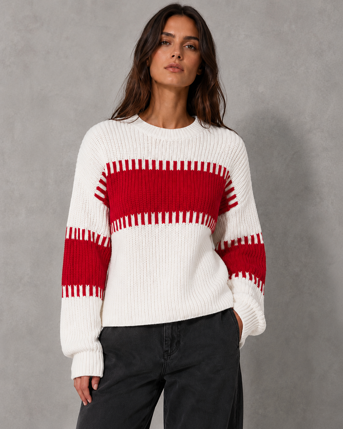 Women's Colour Block Knit Sweater - Crew Neck Long Sleeve Relaxed Fit