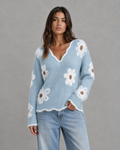 Women's Floral Knit V-Neck Sweater - Fuzzy Trim Relaxed Fit