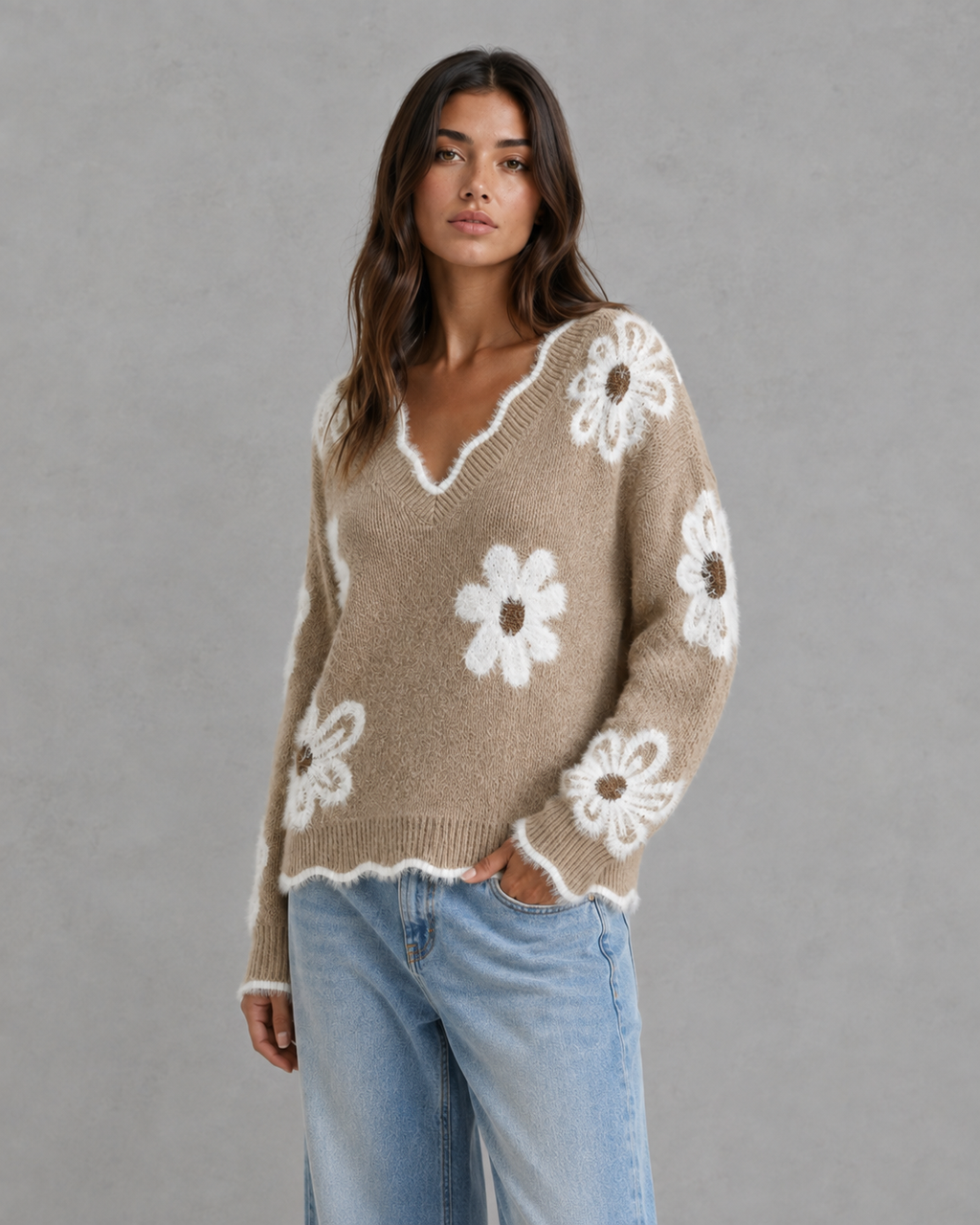 Women's Floral Knit V-Neck Sweater - Fuzzy Trim Relaxed Fit