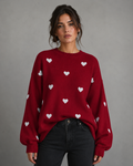 Women's Heart Print Knit Sweater - Relaxed Drop Shoulder Fit