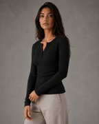 Women's Ribbed Henley Long Sleeve Top - Button Front Slim Fit