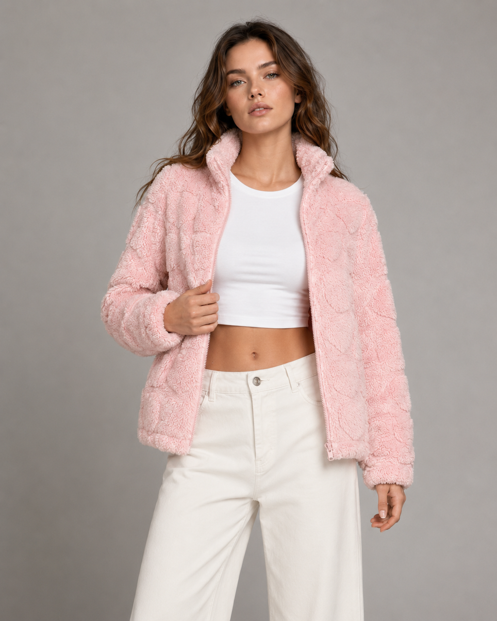 Women's Teddy Fleece Zip-Up Jacket - Pink Heart Pattern