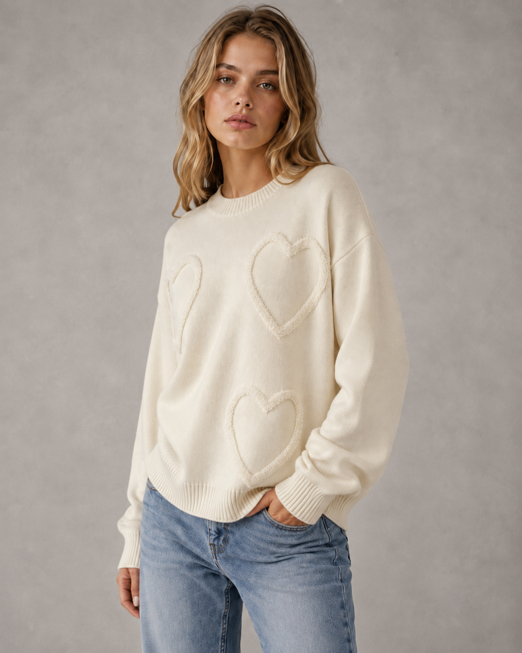 Women's Textured Heart Knit Sweater - Relaxed Drop Shoulder Fit